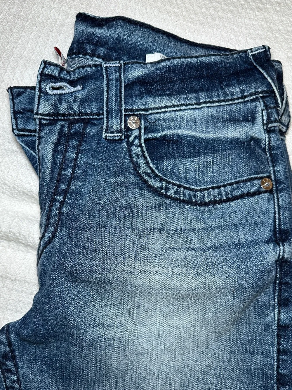 True Religion Men’s Skinny Jeans in Medium Blue Wash with Brown Leather Patch